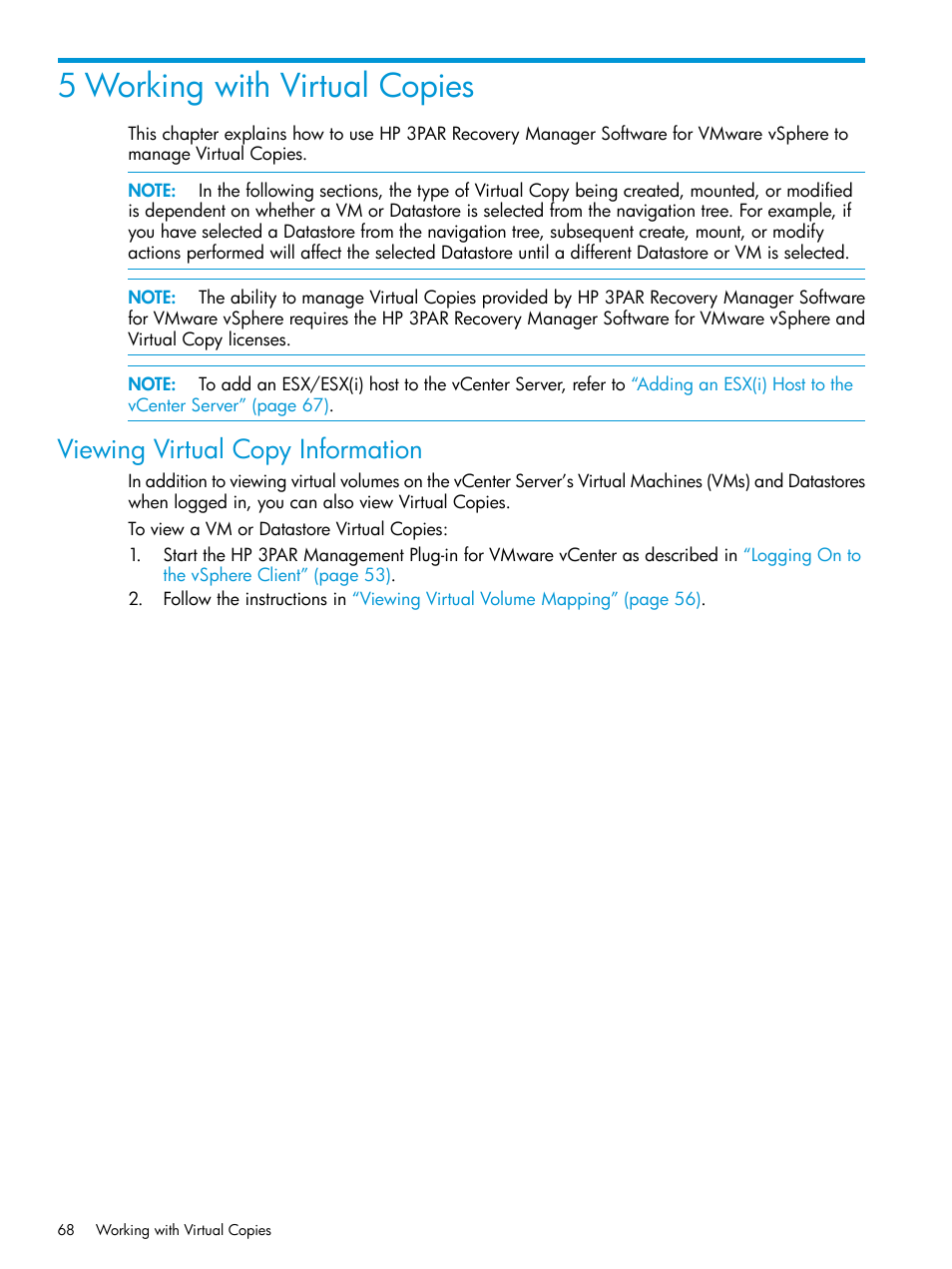 5 working with virtual copies, Viewing virtual copy information | HP 3PAR Application Software Suite for VMware User Manual | Page 68 / 126
