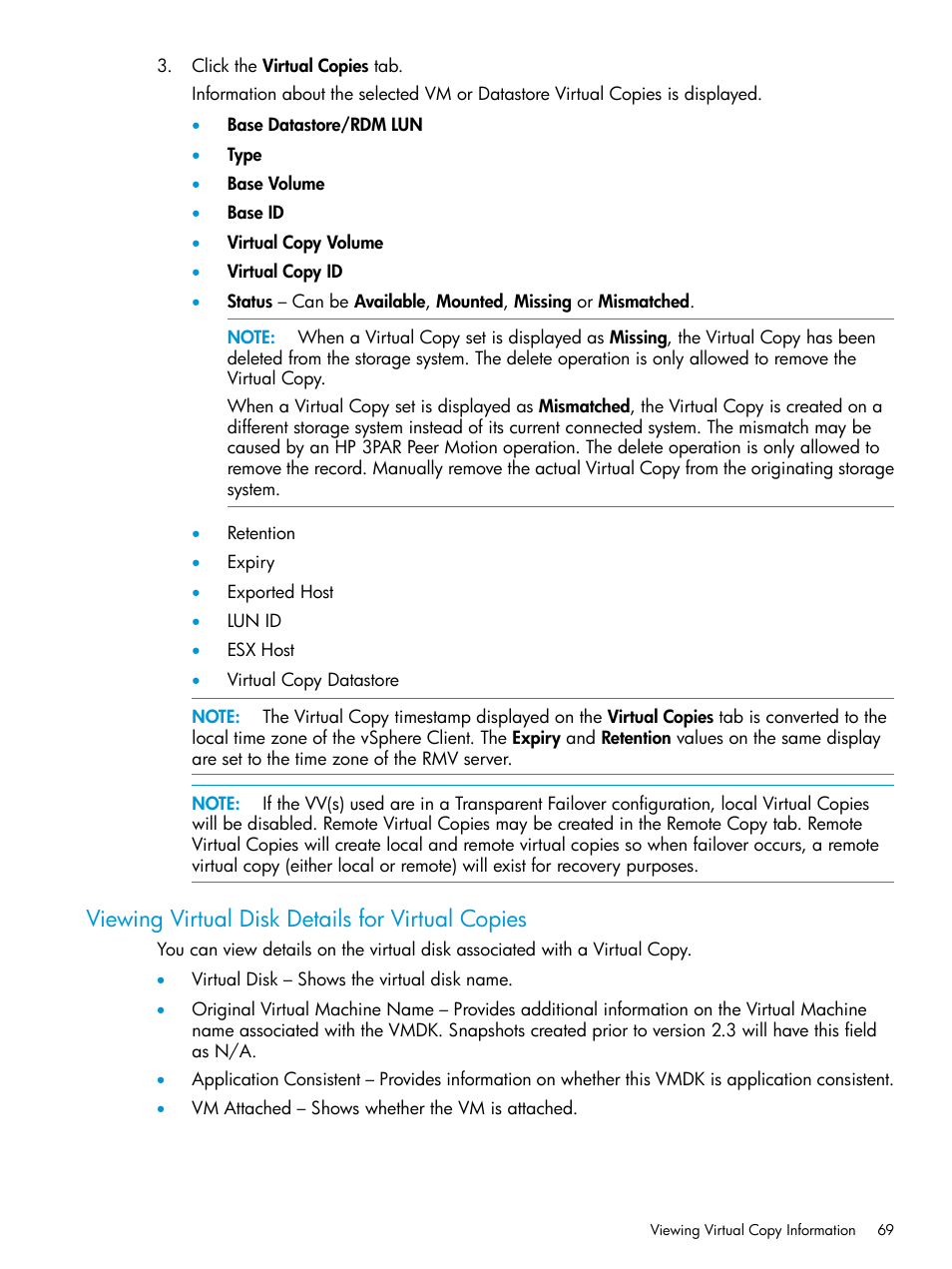 Viewing virtual disk details for virtual copies | HP 3PAR Application Software Suite for VMware User Manual | Page 69 / 126