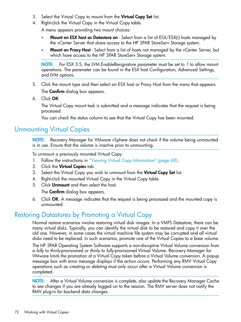 Unmounting virtual copies, Restoring datastores by promoting a virtual copy | HP 3PAR Application Software Suite for VMware User Manual | Page 72 / 126