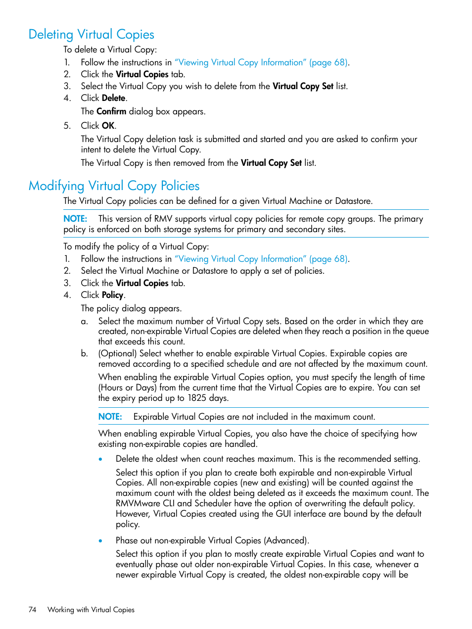 Deleting virtual copies, Modifying virtual copy policies | HP 3PAR Application Software Suite for VMware User Manual | Page 74 / 126