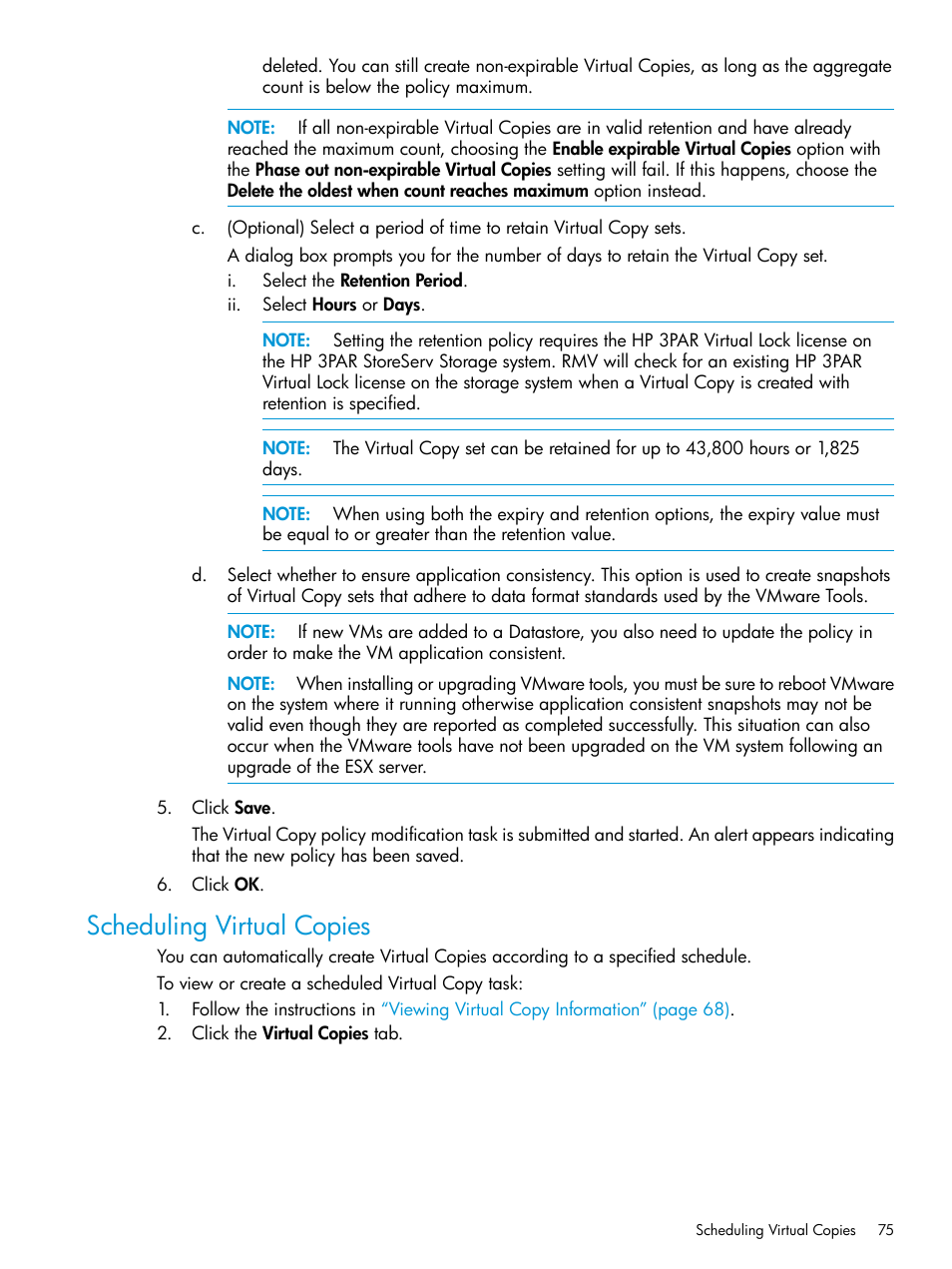 Scheduling virtual copies | HP 3PAR Application Software Suite for VMware User Manual | Page 75 / 126