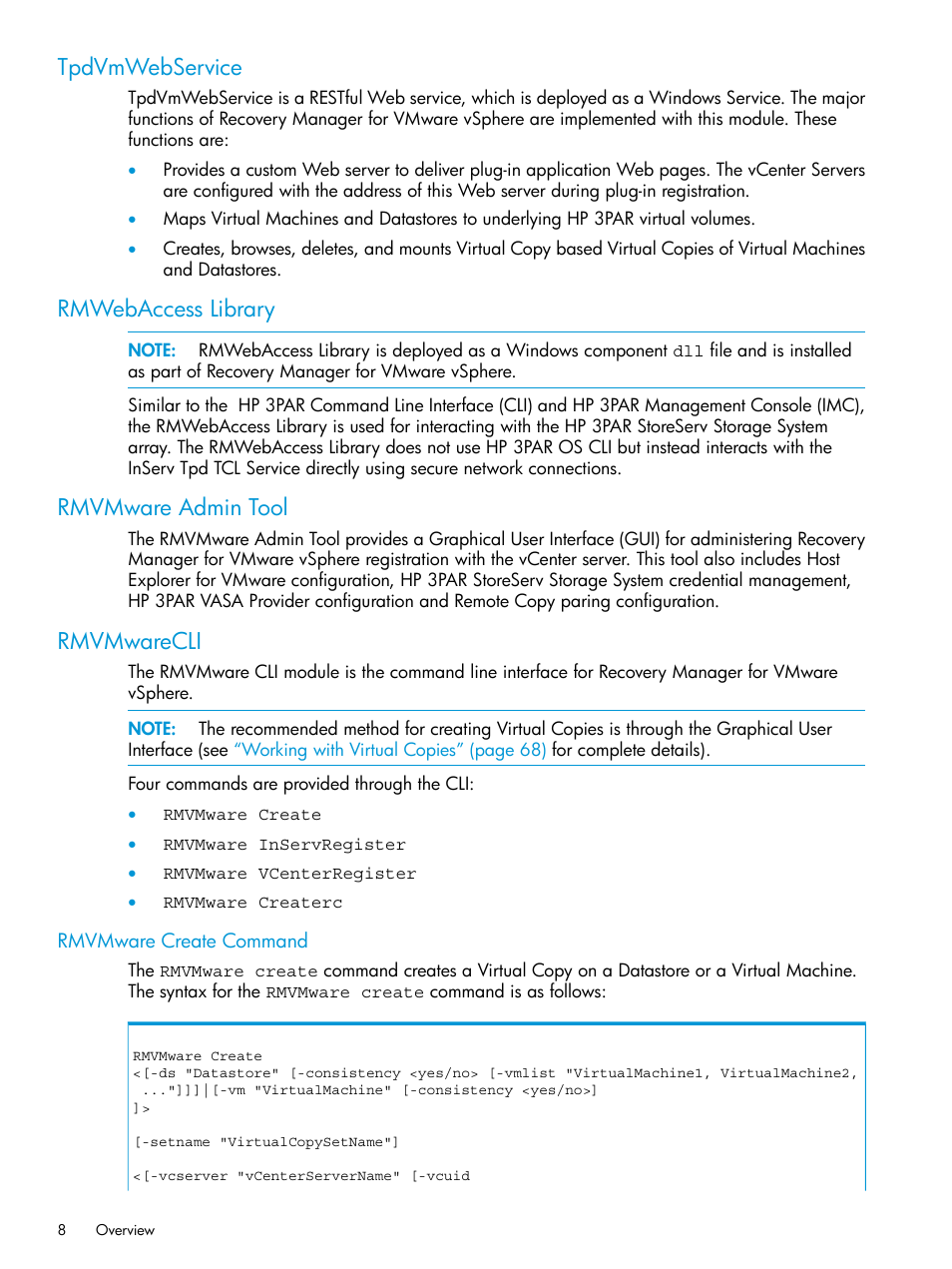 Tpdvmwebservice, Rmwebaccess library, Rmvmware admin tool | Rmvmwarecli, Rmvmware create command | HP 3PAR Application Software Suite for VMware User Manual | Page 8 / 126