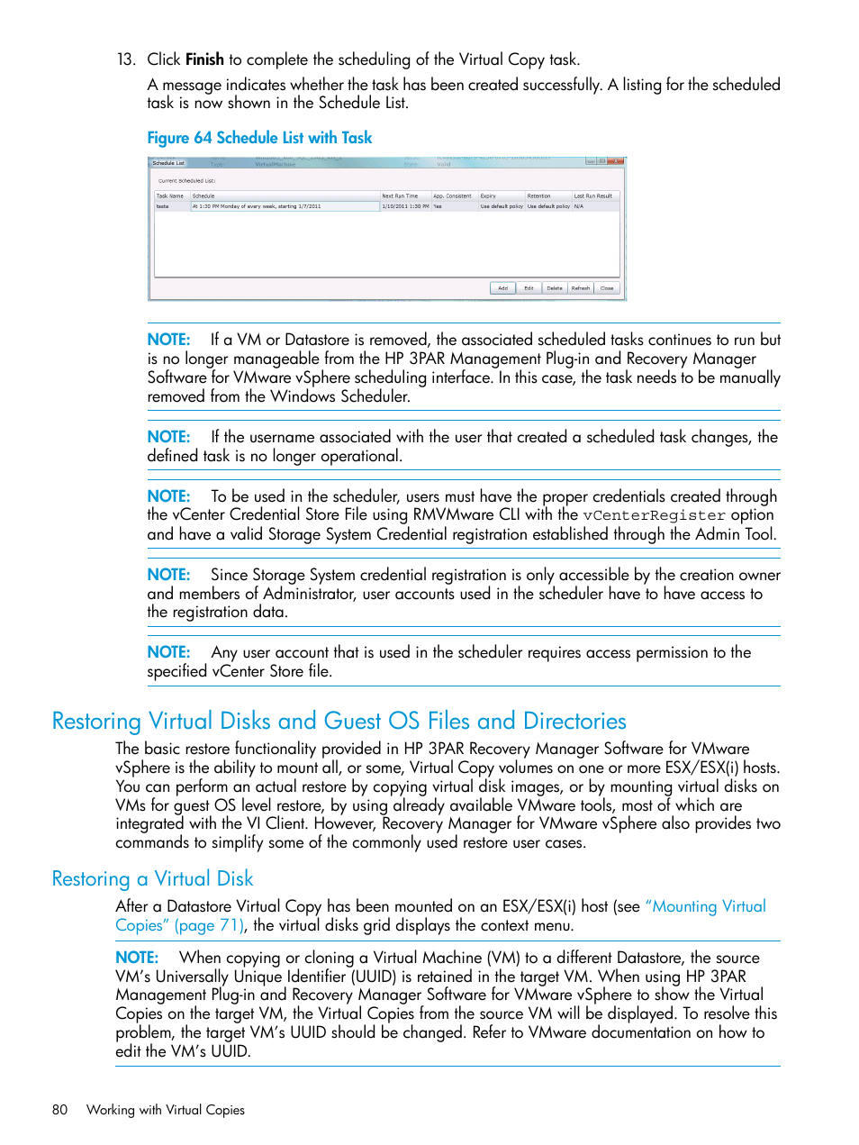 Restoring a virtual disk | HP 3PAR Application Software Suite for VMware User Manual | Page 80 / 126