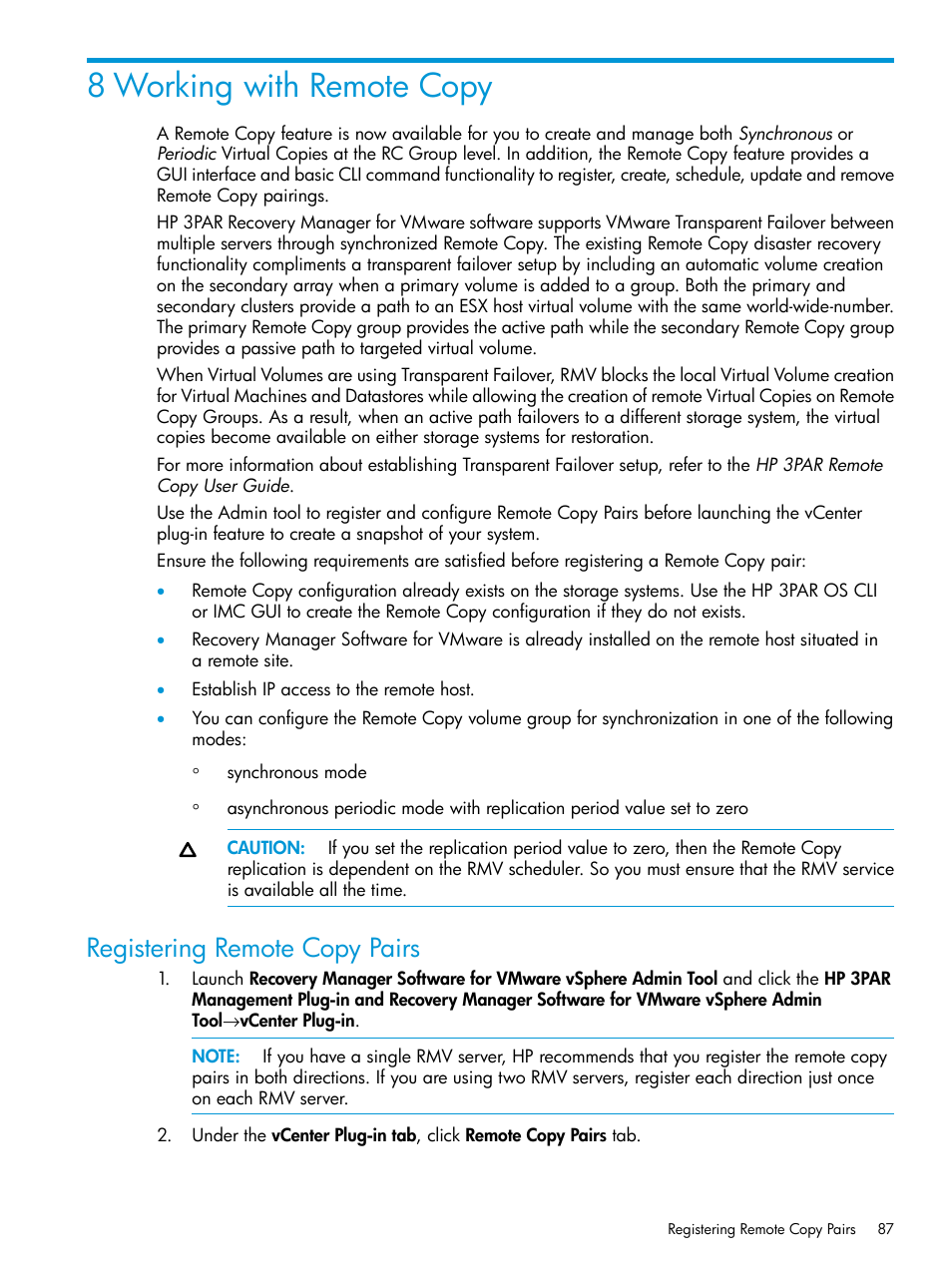 8 working with remote copy, Registering remote copy pairs | HP 3PAR Application Software Suite for VMware User Manual | Page 87 / 126