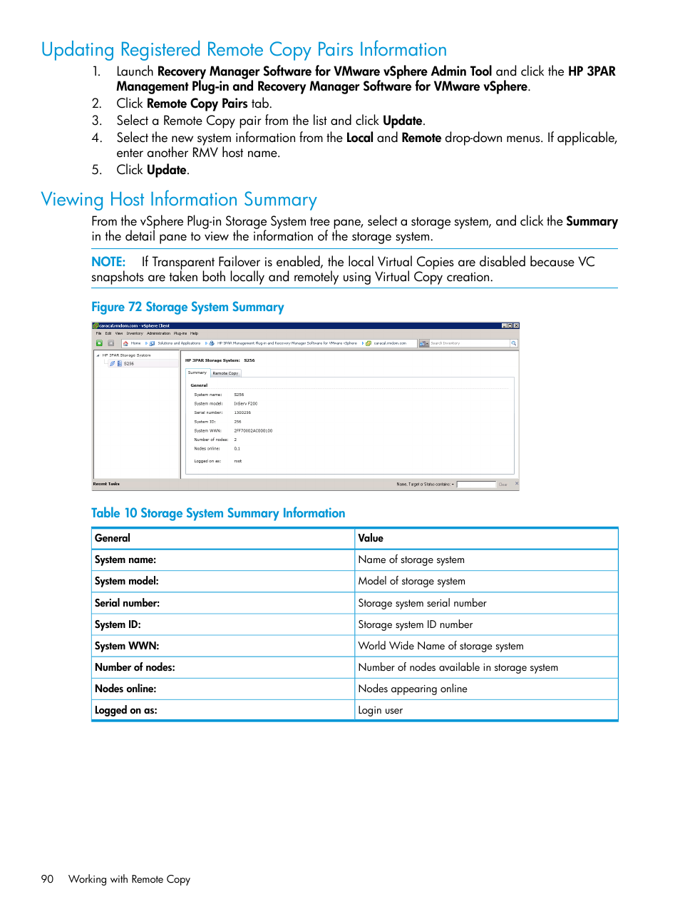 Updating registered remote copy pairs information, Viewing host information summary | HP 3PAR Application Software Suite for VMware User Manual | Page 90 / 126