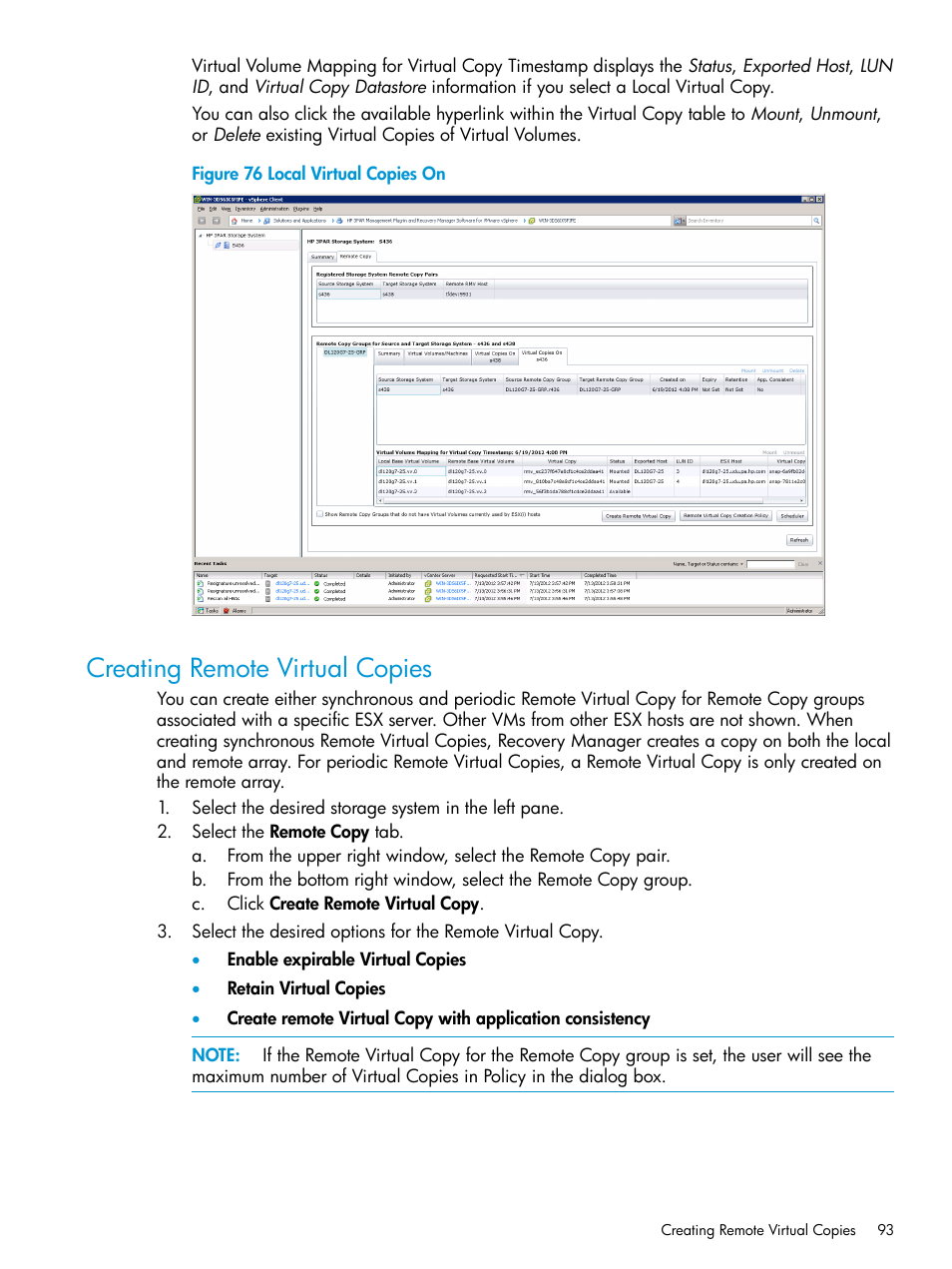 Creating remote virtual copies | HP 3PAR Application Software Suite for VMware User Manual | Page 93 / 126