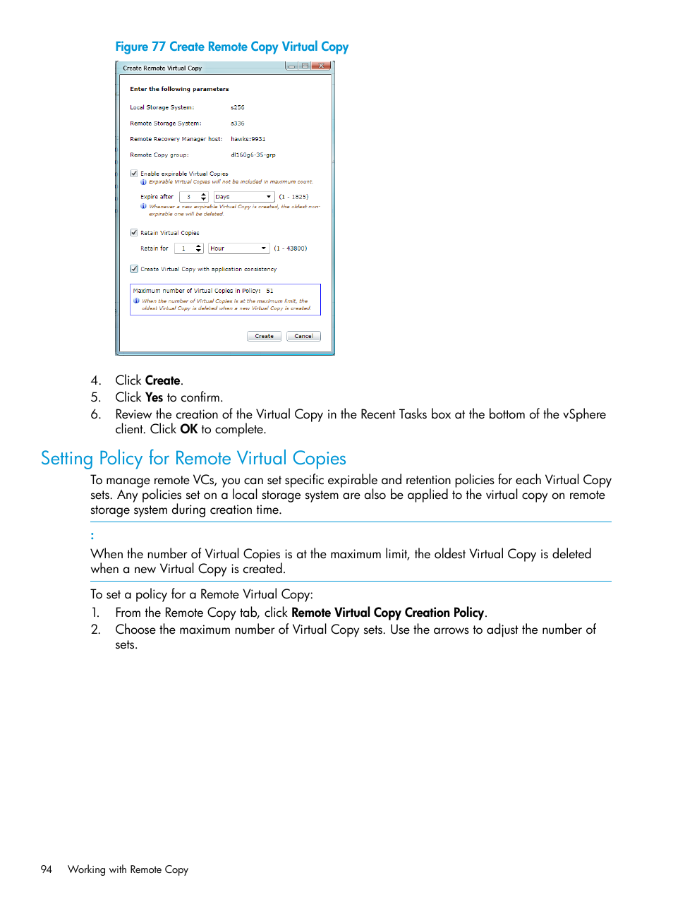 Setting policy for remote virtual copies | HP 3PAR Application Software Suite for VMware User Manual | Page 94 / 126