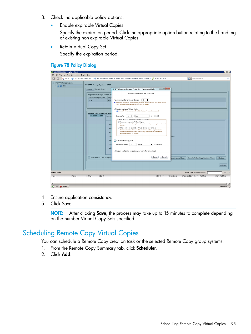 Scheduling remote copy virtual copies | HP 3PAR Application Software Suite for VMware User Manual | Page 95 / 126