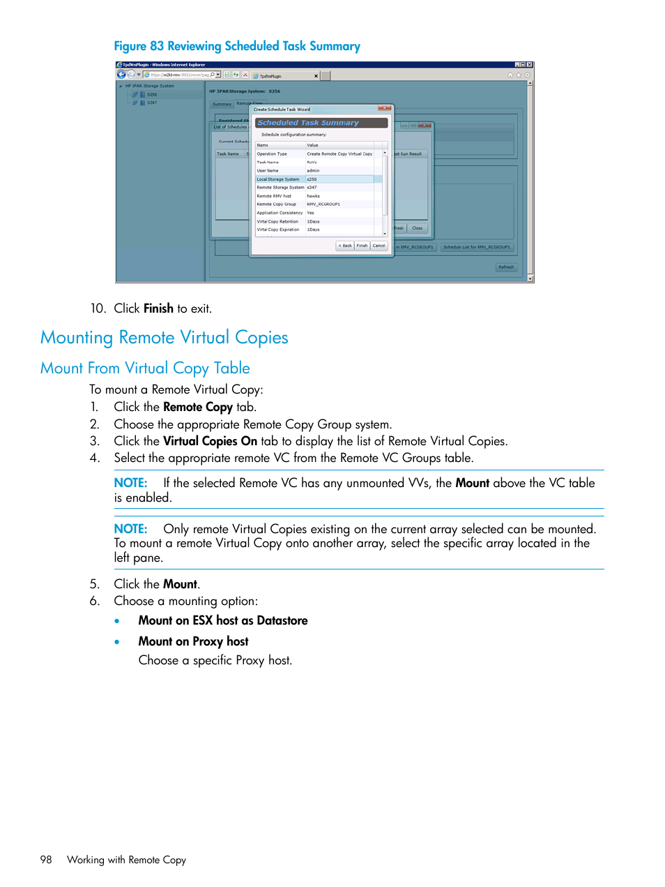 Mounting remote virtual copies, Mount from virtual copy table | HP 3PAR Application Software Suite for VMware User Manual | Page 98 / 126
