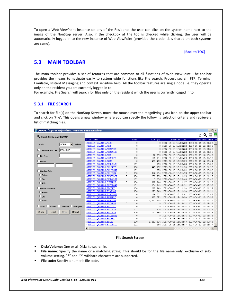 Main toolbar, 1 file search, File search | 3 main toolbar | HP Integrity NonStop J-Series User Manual | Page 113 / 192