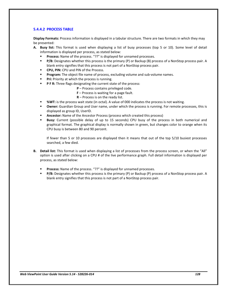 Process table | HP Integrity NonStop J-Series User Manual | Page 128 / 192