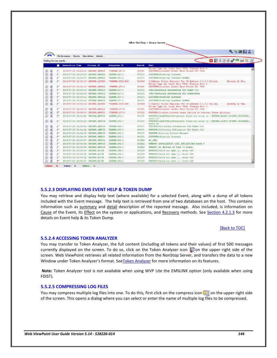 3 displaying ems event help & token dump, 4 accessing token analyzer, 5 compressing log files | Displaying ems event help & token dump, Accessing token analyzer, Compressing log files, Displaying ems, Event help & token dump | HP Integrity NonStop J-Series User Manual | Page 144 / 192