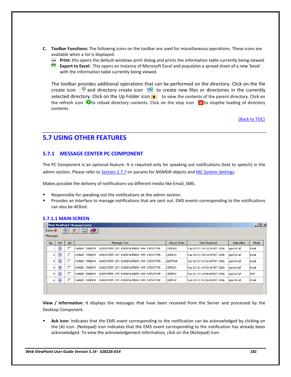 7 using other features, 1 message center pc component, 1 main screen | Using other features, Message center pc component, Main screen, Section 5.7.1, E of | HP Integrity NonStop J-Series User Manual | Page 181 / 192