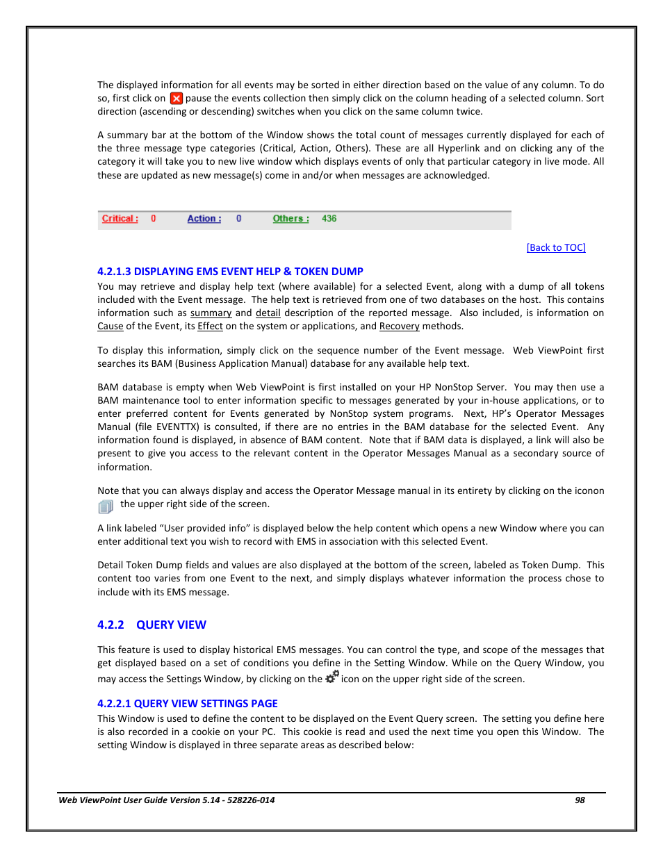 3 displaying ems event help & token dump, 2 query view, Displaying ems event help & token dump | Query view, Displaying ems, Event help text & token dump | HP Integrity NonStop J-Series User Manual | Page 98 / 192