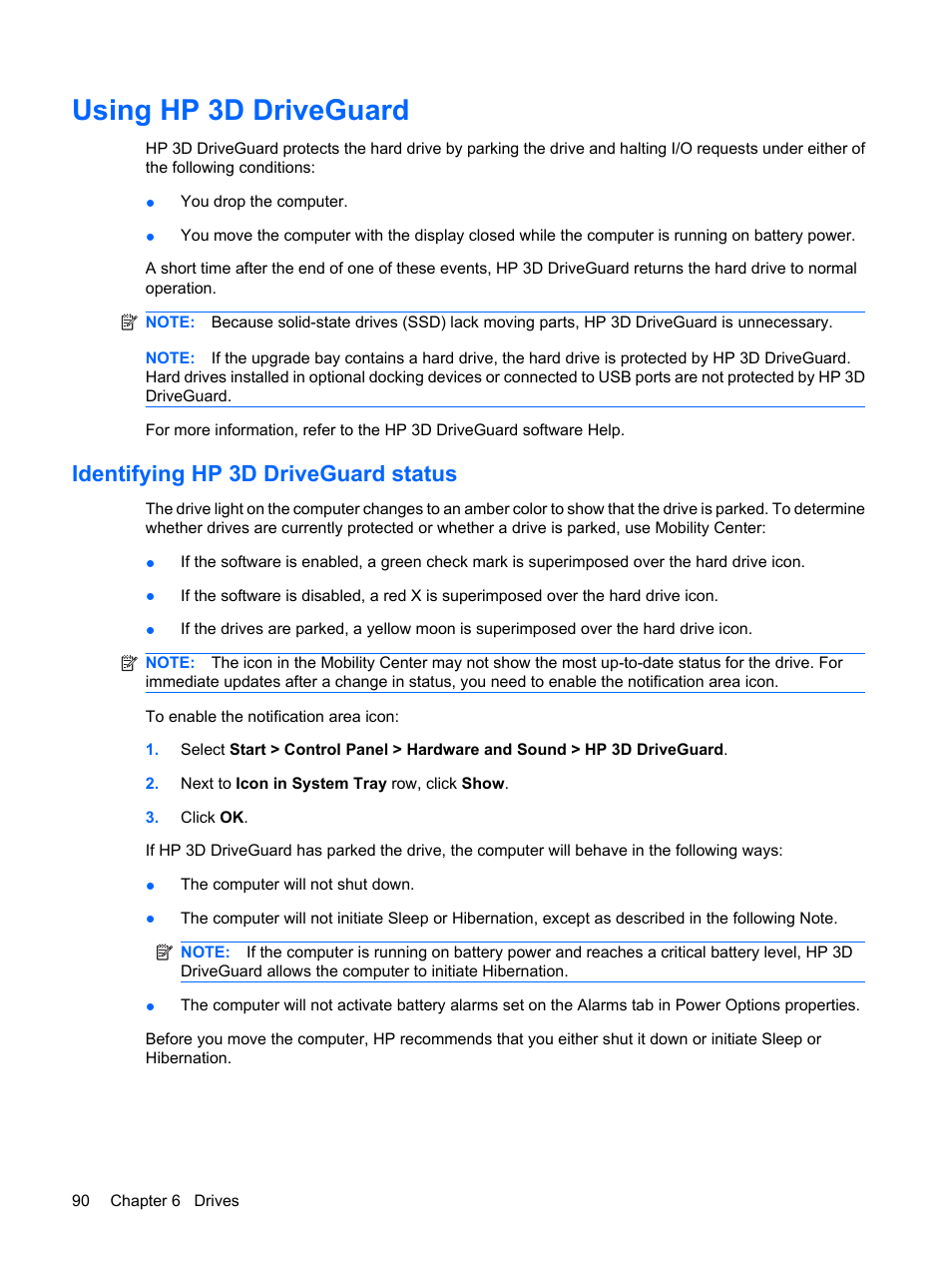 Using hp 3d driveguard, Identifying hp 3d driveguard status | HP ProBook 6440b Notebook-PC User Manual | Page 100 / 183