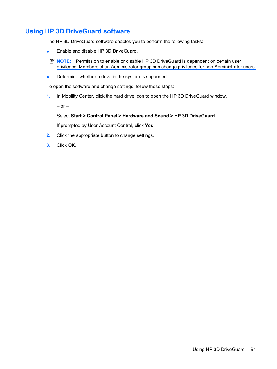 Using hp 3d driveguard software | HP ProBook 6440b Notebook-PC User Manual | Page 101 / 183