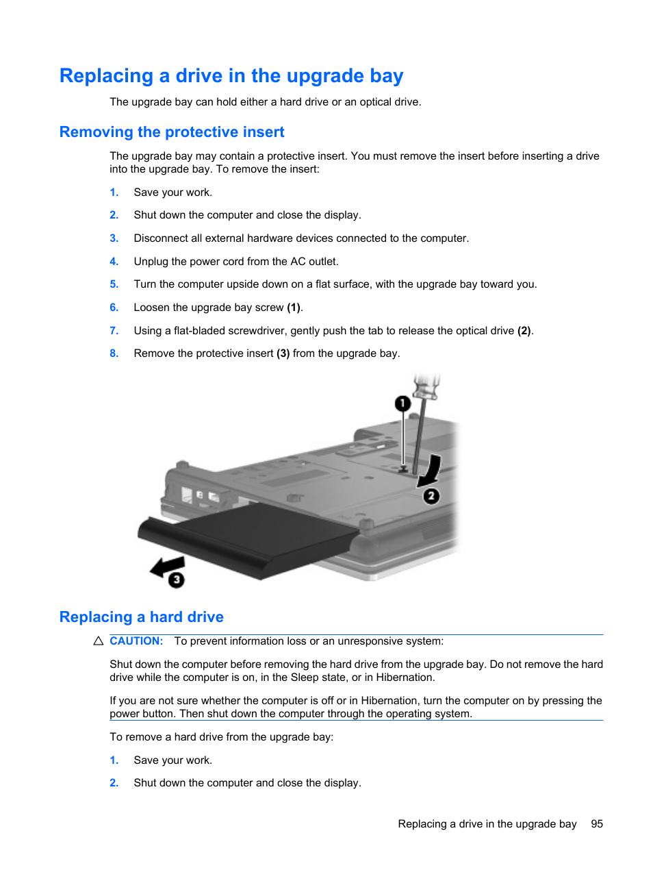 Replacing a drive in the upgrade bay, Removing the protective insert, Replacing a hard drive | HP ProBook 6440b Notebook-PC User Manual | Page 105 / 183