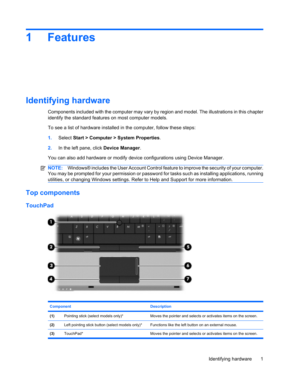 Features, Identifying hardware, Top components | Touchpad, 1 features, 1features | HP ProBook 6440b Notebook-PC User Manual | Page 11 / 183