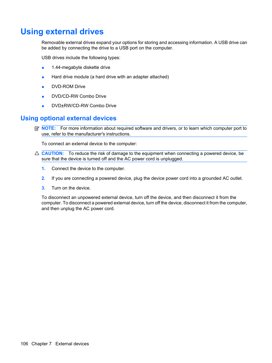 Using external drives, Using optional external devices | HP ProBook 6440b Notebook-PC User Manual | Page 116 / 183