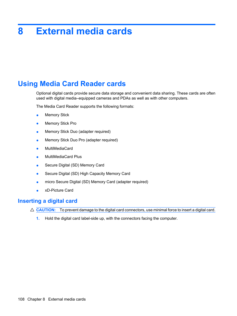 External media cards, Using media card reader cards, Inserting a digital card | 8 external media cards, 8external media cards | HP ProBook 6440b Notebook-PC User Manual | Page 118 / 183