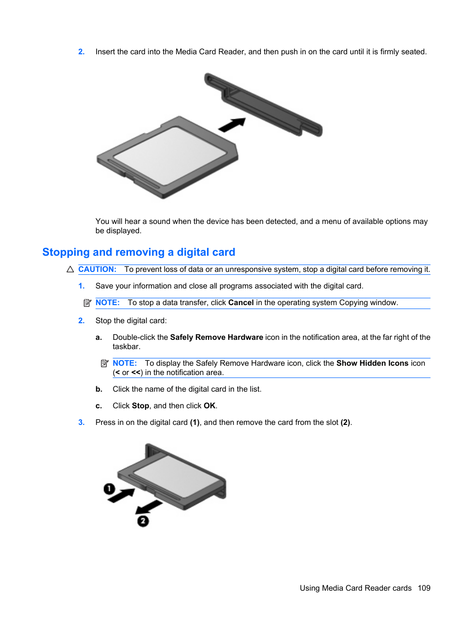 Stopping and removing a digital card | HP ProBook 6440b Notebook-PC User Manual | Page 119 / 183