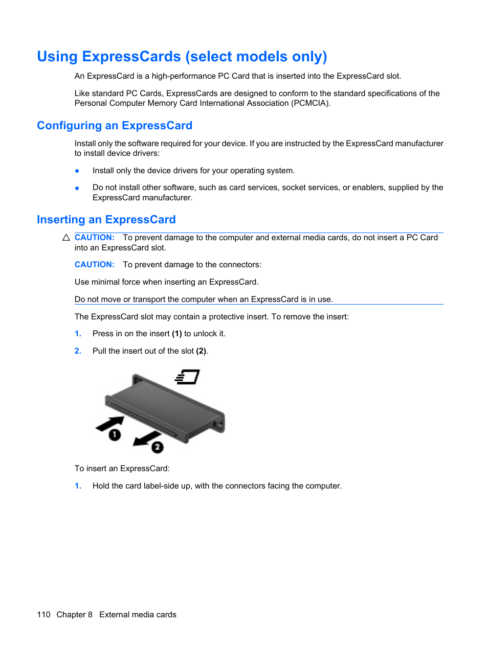 Using expresscards (select models only), Configuring an expresscard, Inserting an expresscard | HP ProBook 6440b Notebook-PC User Manual | Page 120 / 183