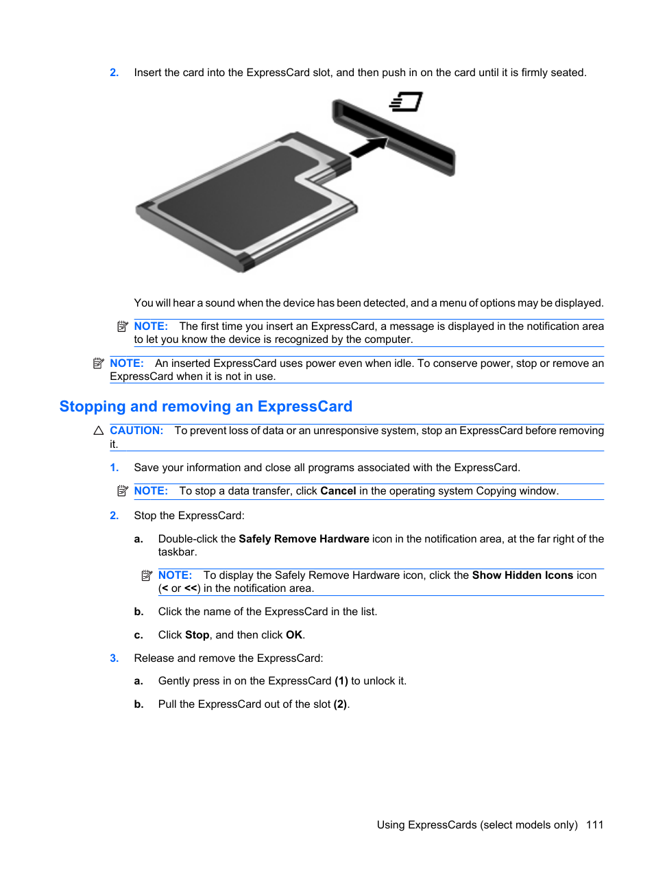 Stopping and removing an expresscard | HP ProBook 6440b Notebook-PC User Manual | Page 121 / 183