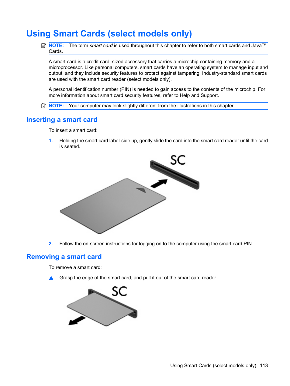 Using smart cards (select models only), Inserting a smart card, Removing a smart card | Inserting a smart card removing a smart card | HP ProBook 6440b Notebook-PC User Manual | Page 123 / 183