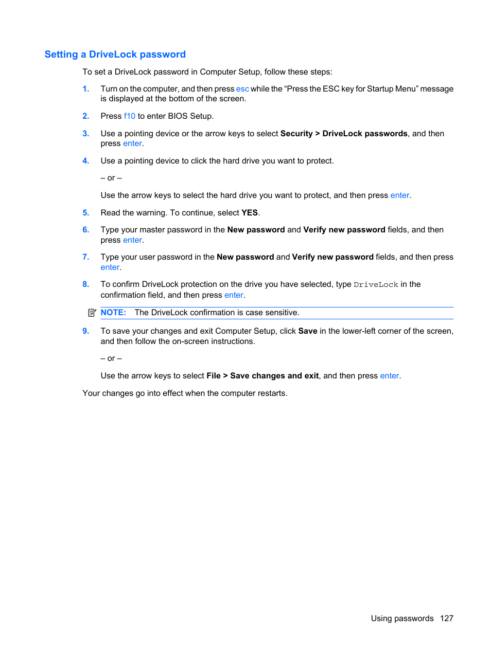 Setting a drivelock password | HP ProBook 6440b Notebook-PC User Manual | Page 137 / 183