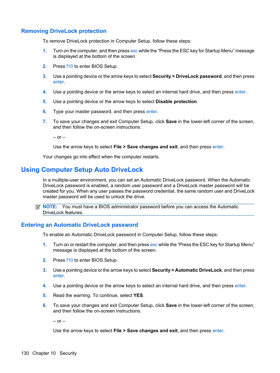 Removing drivelock protection, Using computer setup auto drivelock, Entering an automatic drivelock password | HP ProBook 6440b Notebook-PC User Manual | Page 140 / 183