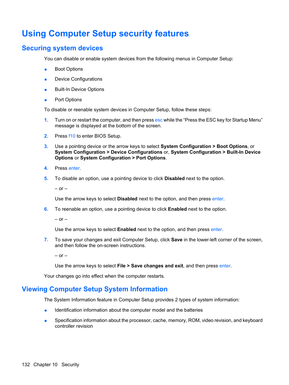 Using computer setup security features, Securing system devices, Viewing computer setup system information | HP ProBook 6440b Notebook-PC User Manual | Page 142 / 183