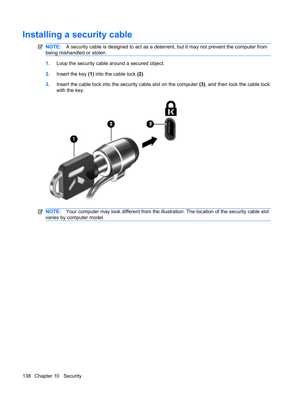 Installing a security cable | HP ProBook 6440b Notebook-PC User Manual | Page 148 / 183