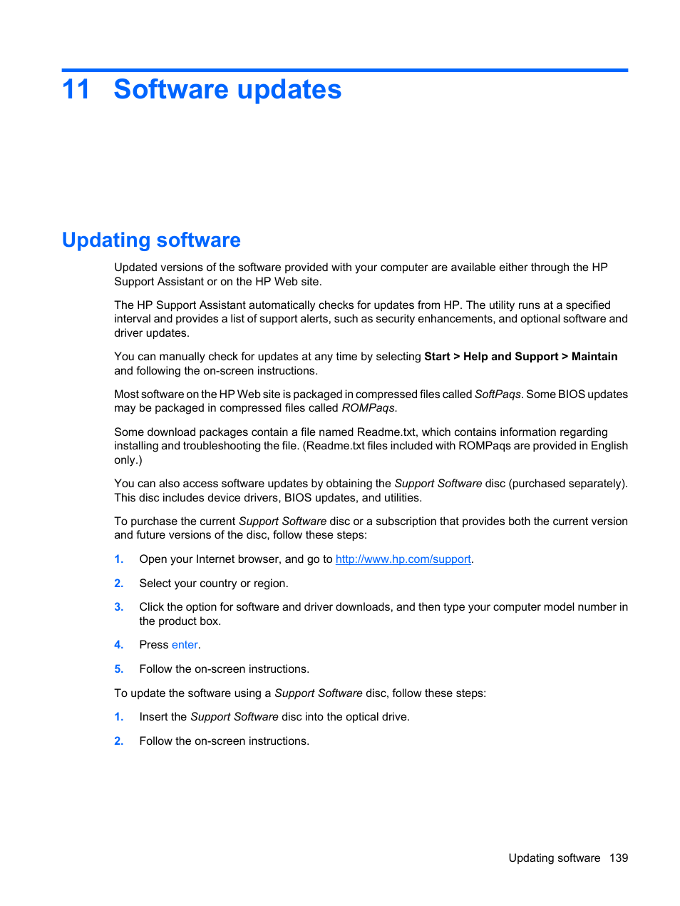 Software updates, Updating software, 11 software updates | HP ProBook 6440b Notebook-PC User Manual | Page 149 / 183