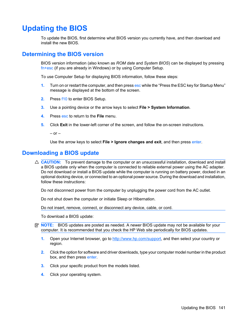 Updating the bios, Determining the bios version, Downloading a bios update | HP ProBook 6440b Notebook-PC User Manual | Page 151 / 183