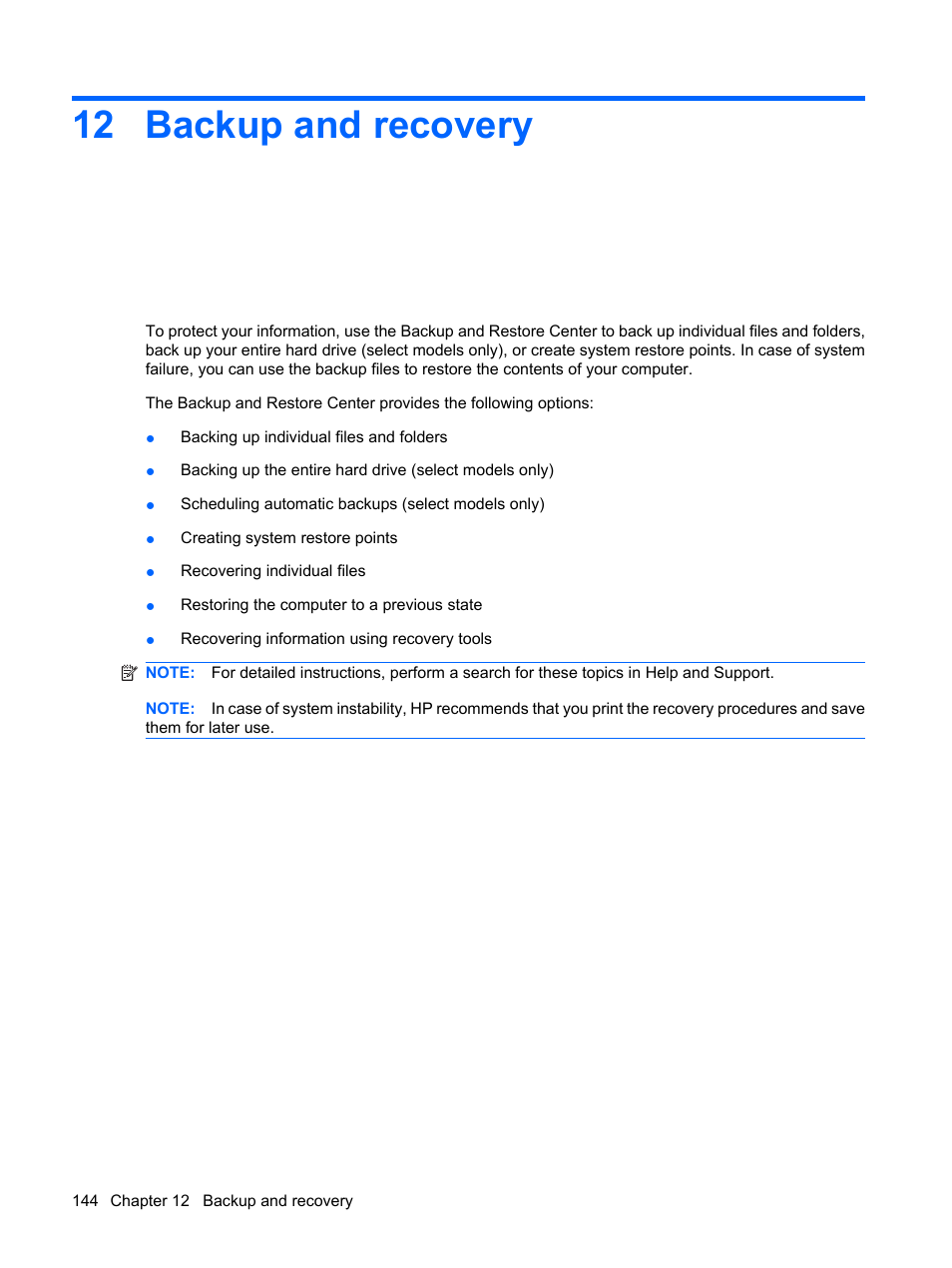 Backup and recovery, 12 backup and recovery | HP ProBook 6440b Notebook-PC User Manual | Page 154 / 183