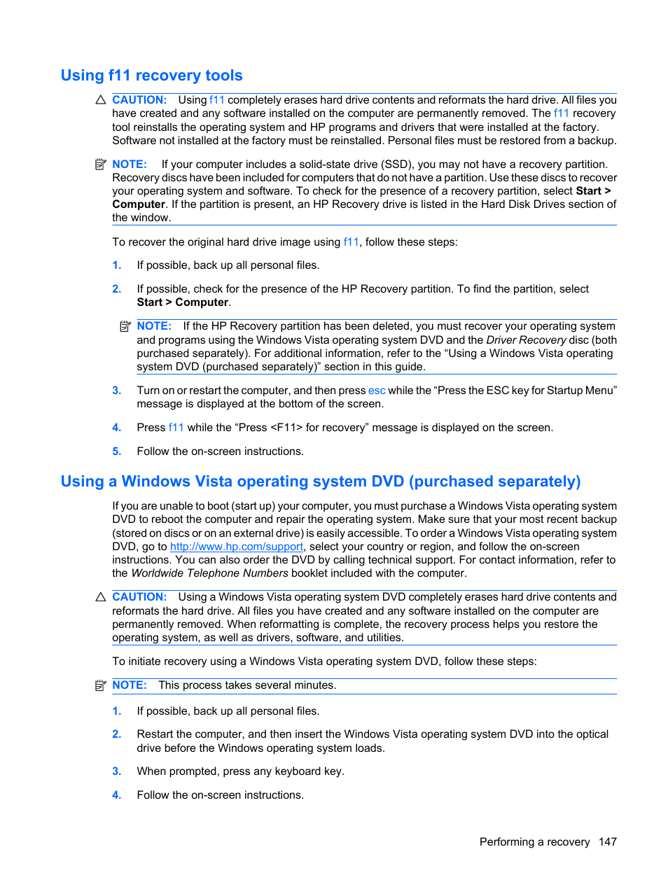 Using f11 recovery tools | HP ProBook 6440b Notebook-PC User Manual | Page 157 / 183