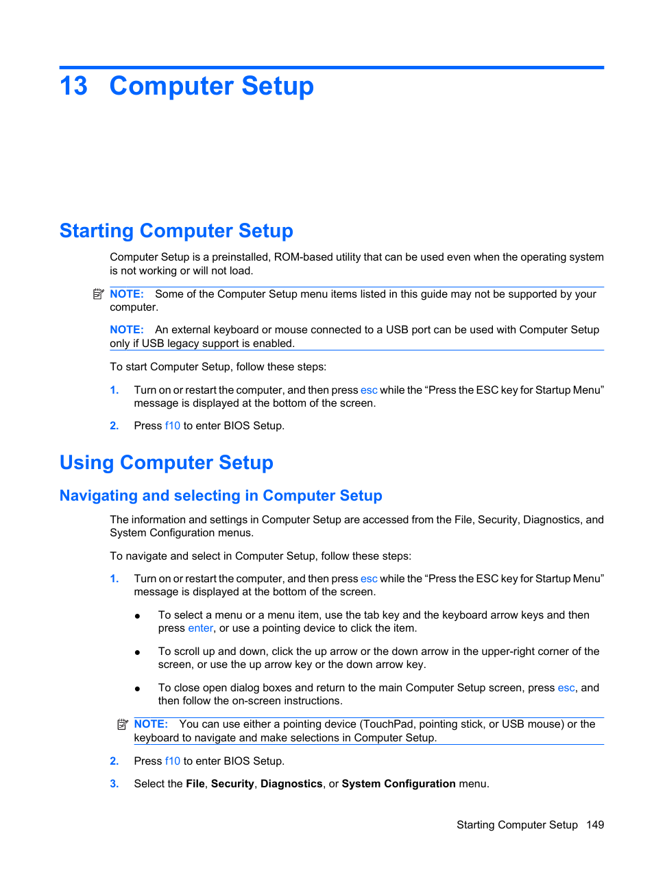 Computer setup, Starting computer setup, Using computer setup | Navigating and selecting in computer setup, 13 computer setup, Starting computer setup using computer setup | HP ProBook 6440b Notebook-PC User Manual | Page 159 / 183