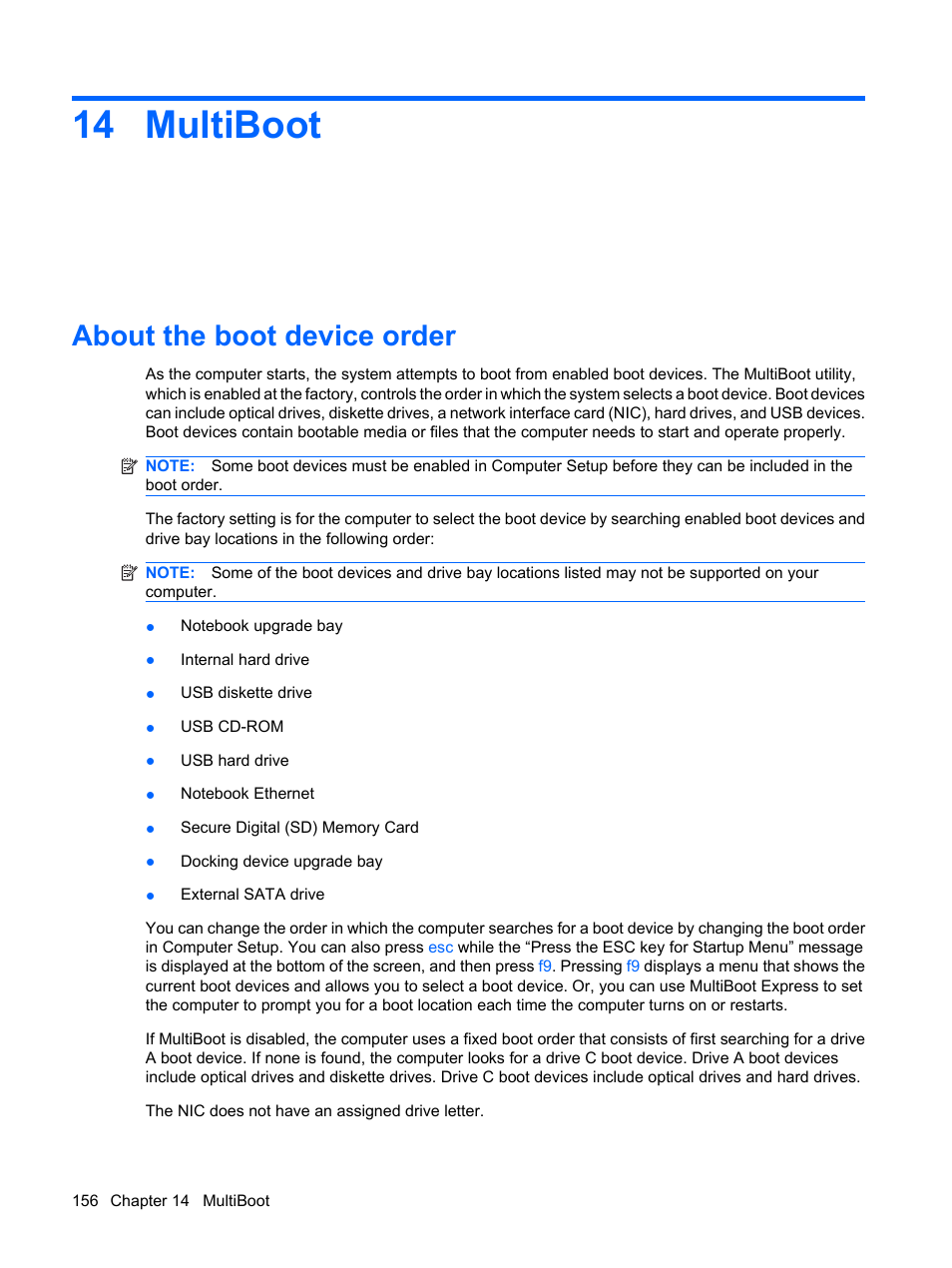 Multiboot, About the boot device order, 14 multiboot | HP ProBook 6440b Notebook-PC User Manual | Page 166 / 183