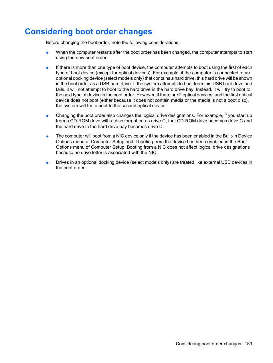 Considering boot order changes | HP ProBook 6440b Notebook-PC User Manual | Page 169 / 183