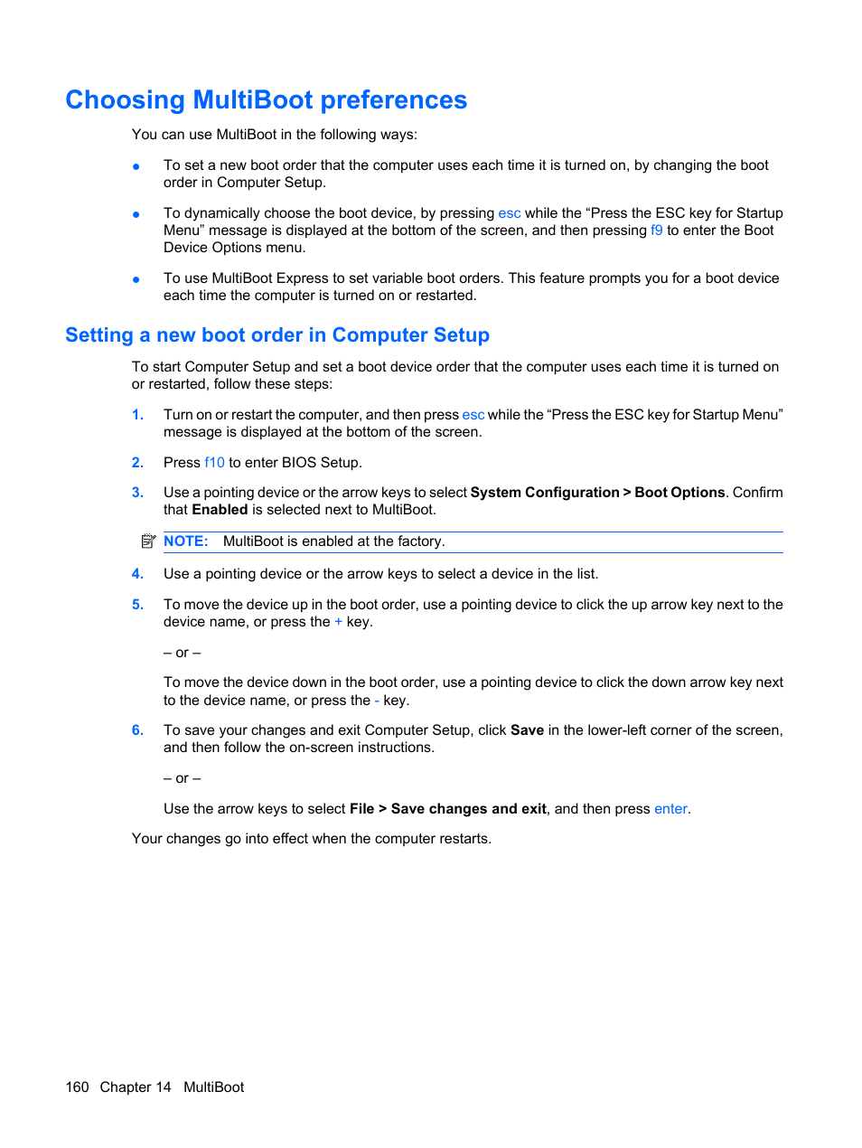 Choosing multiboot preferences, Setting a new boot order in computer setup | HP ProBook 6440b Notebook-PC User Manual | Page 170 / 183