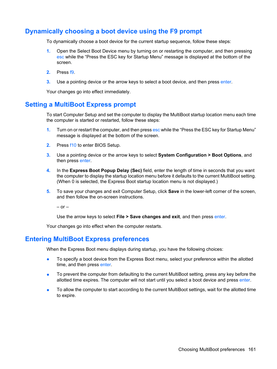 Setting a multiboot express prompt, Entering multiboot express preferences | HP ProBook 6440b Notebook-PC User Manual | Page 171 / 183