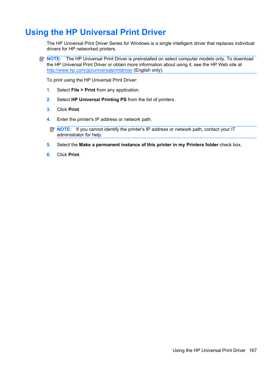 Using the hp universal print driver | HP ProBook 6440b Notebook-PC User Manual | Page 177 / 183