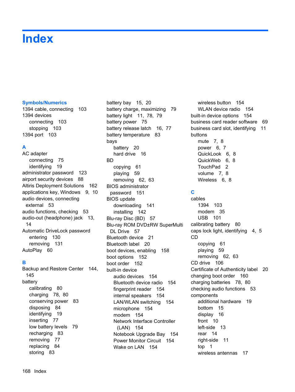 Index | HP ProBook 6440b Notebook-PC User Manual | Page 178 / 183