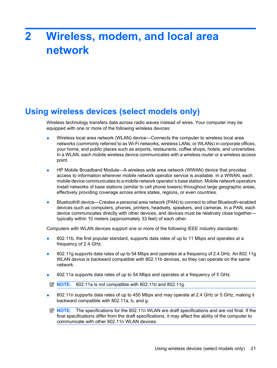 Wireless, modem, and local area network, Using wireless devices (select models only), 2 wireless, modem, and local area network | 2wireless, modem, and local area network | HP ProBook 6440b Notebook-PC User Manual | Page 31 / 183