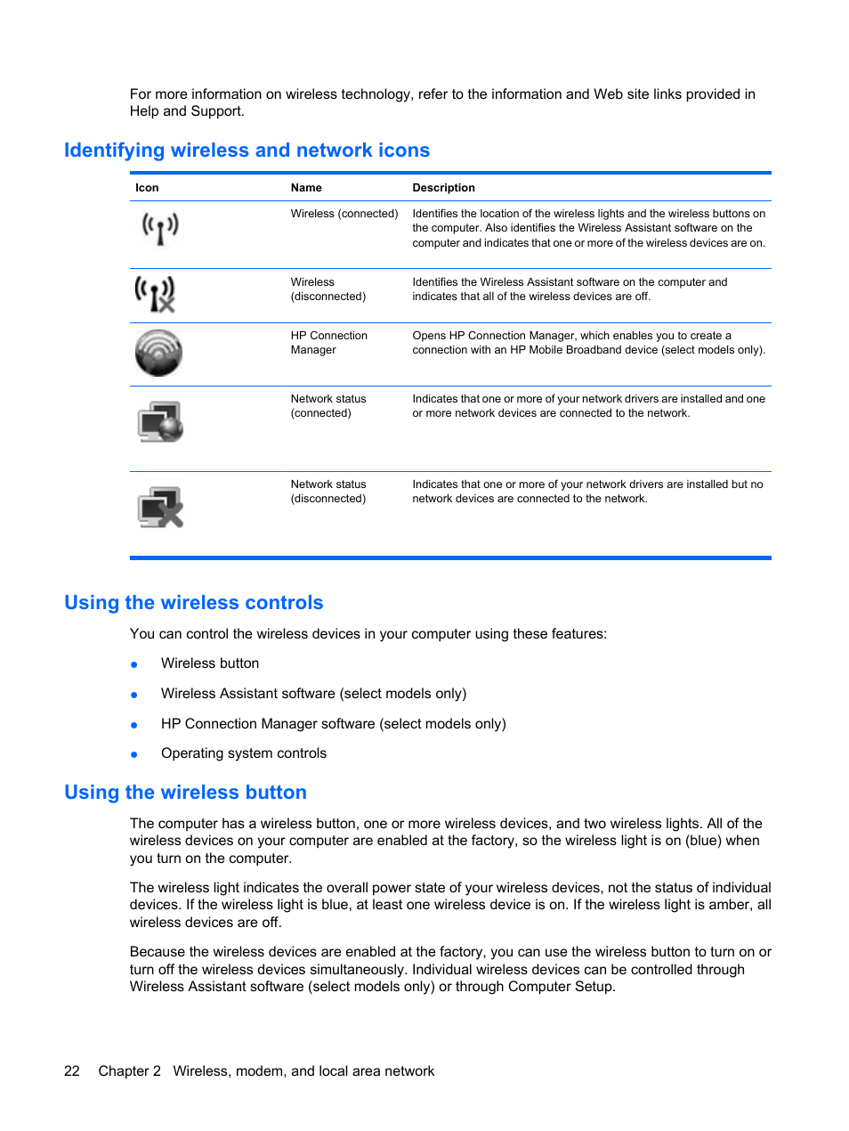 Identifying wireless and network icons, Using the wireless controls, Using the wireless button | HP ProBook 6440b Notebook-PC User Manual | Page 32 / 183