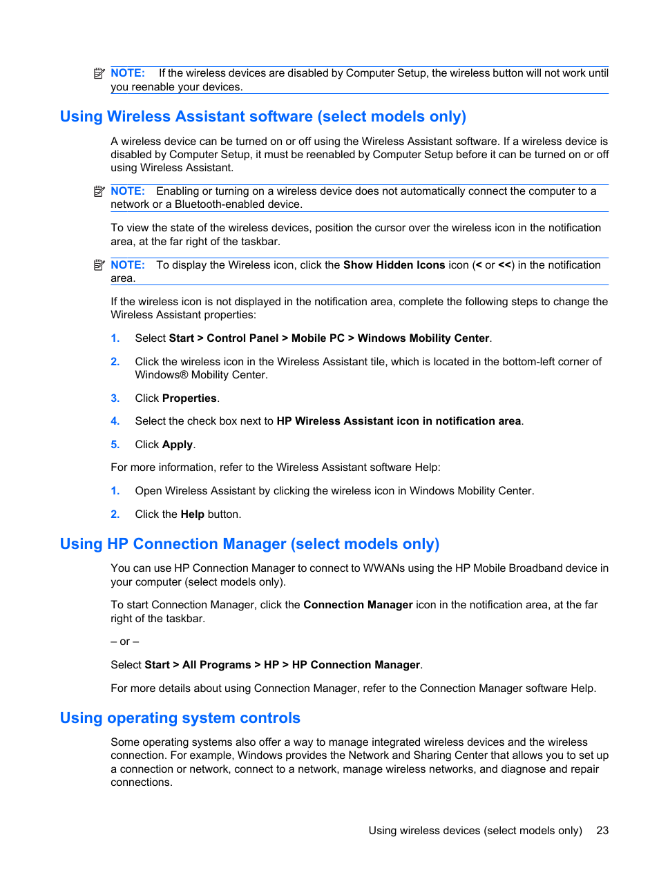 Using hp connection manager (select models only), Using operating system controls | HP ProBook 6440b Notebook-PC User Manual | Page 33 / 183