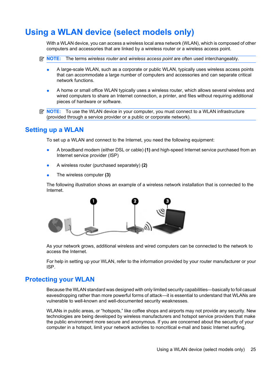 Using a wlan device (select models only), Setting up a wlan, Protecting your wlan | Setting up a wlan protecting your wlan | HP ProBook 6440b Notebook-PC User Manual | Page 35 / 183