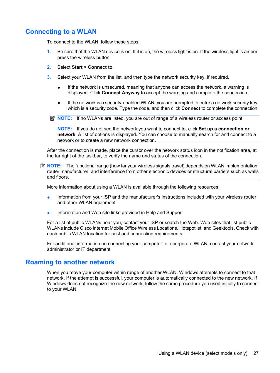 Connecting to a wlan, Roaming to another network, Connecting to a wlan roaming to another network | HP ProBook 6440b Notebook-PC User Manual | Page 37 / 183