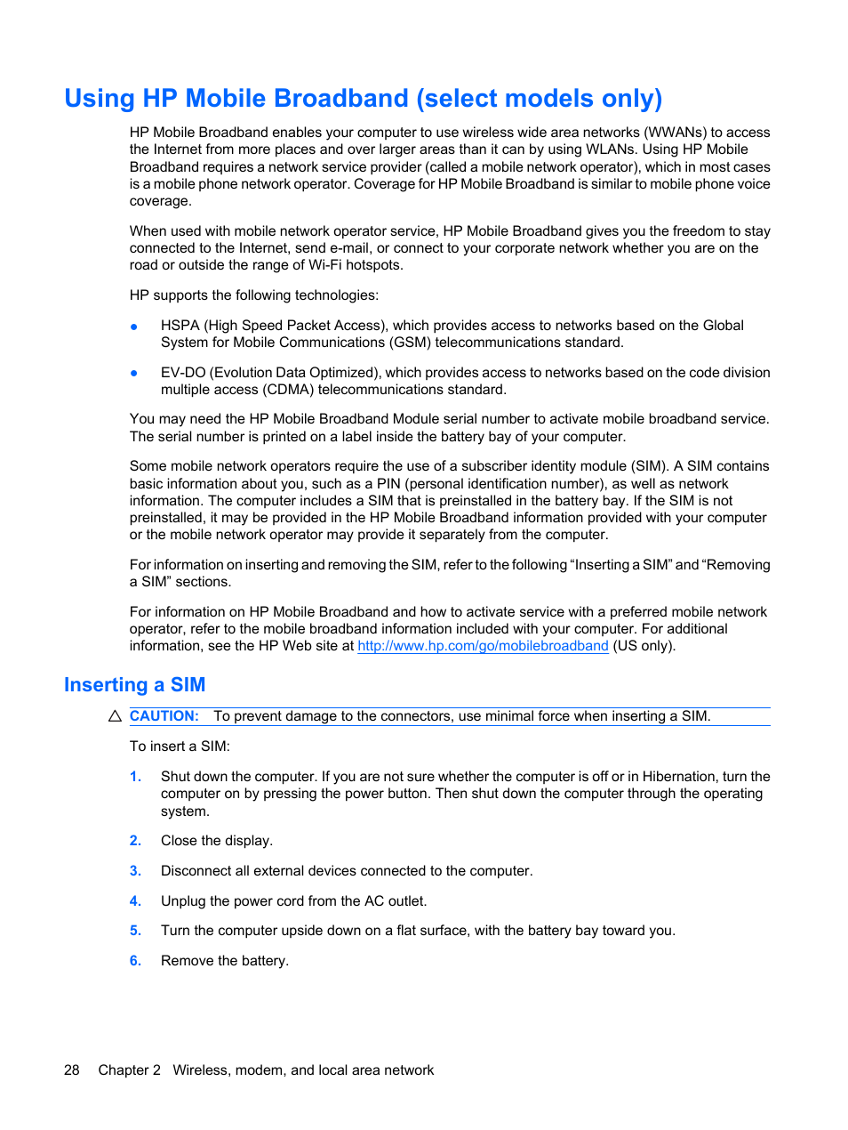 Using hp mobile broadband (select models only), Inserting a sim | HP ProBook 6440b Notebook-PC User Manual | Page 38 / 183