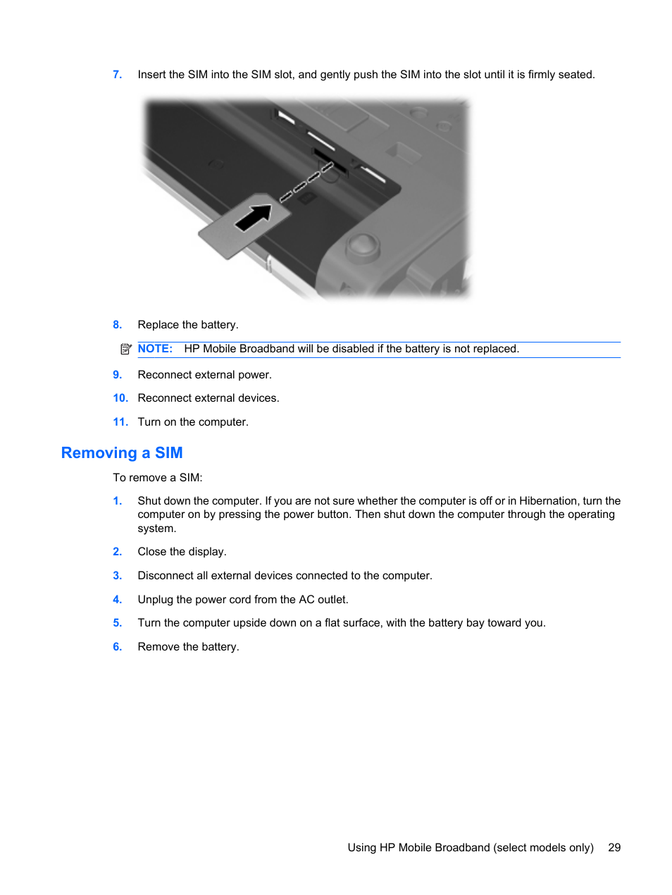 Removing a sim | HP ProBook 6440b Notebook-PC User Manual | Page 39 / 183